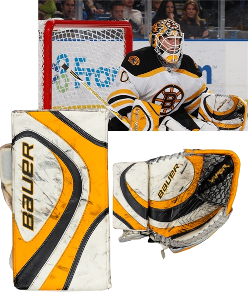 Tim Thomas 2009-10 Boston Bruins Photo-Matched Bauer Game-Used Glove and Blocker Plus VH Used Skates with His Signed LOA 