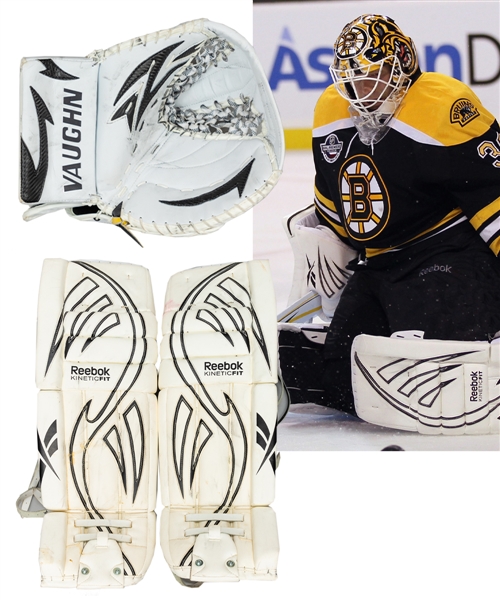 Tim Thomas 2010-11 Boston Bruins Photo-Matched Pre-Season Reebook Pads (Conn Smythe and Vezina Trophies Season) and Vaughn Used Glove with His Signed LOA