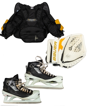 Tim Thomas Boston Bruins Game-Worn Vaughn Chest and Arm Protector, Game-Worn Reebok Knee Protectors, Bauer Used Glove and VH Used Skates with His Signed LOA 