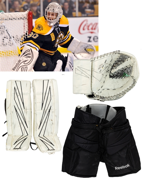 Tim Thomas 2011-12 Boston Bruins Photo-Matched Game-Worn Pads (Pre-Season) and Photo-Matched Game-Used Glove Plus Reebok Game-Worn Pants/Knee Pads and MLX Used Skates with His Signed LOA  