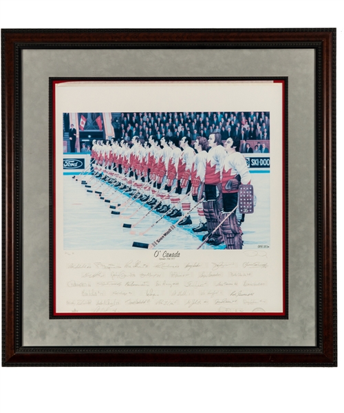 Peter Mahovlichs 1972 Canada-Russia Series Team Canada "OCanada" Team-Signed Limited-Edition PE Daniel Parry Framed Lithograph #20/40 with His Signed LOA