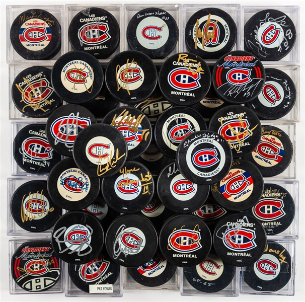 Montreal Canadiens Signed Puck Collection of 43 including Damphousse, Bure, Maniago and Pete Mahovlich 