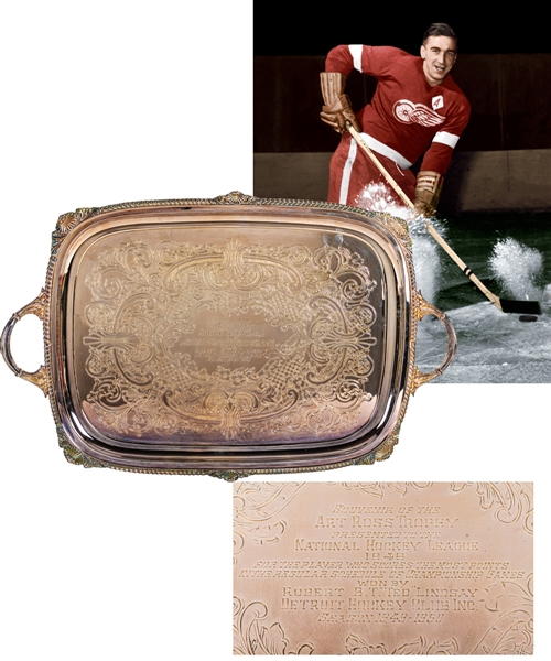 Ted Lindsays 1949-50 Detroit Red Wings Art Ross Trophy Tray with Family LOA (16" x 24") 
