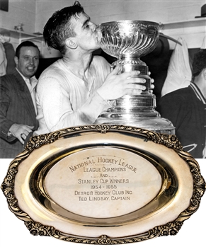 Ted Lindsays 1954-55 Detroit Red Wings NHL League Champions and Stanley Cup Winners Tray with Family LOA
