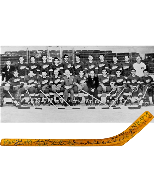Ted Lindsays 1948-49 Detroit Red Wings NHL Regular Season Champions Team-Signed Miniature Hockey Stick with Family LOA - Includes Signatures of 7 Deceased HOFers