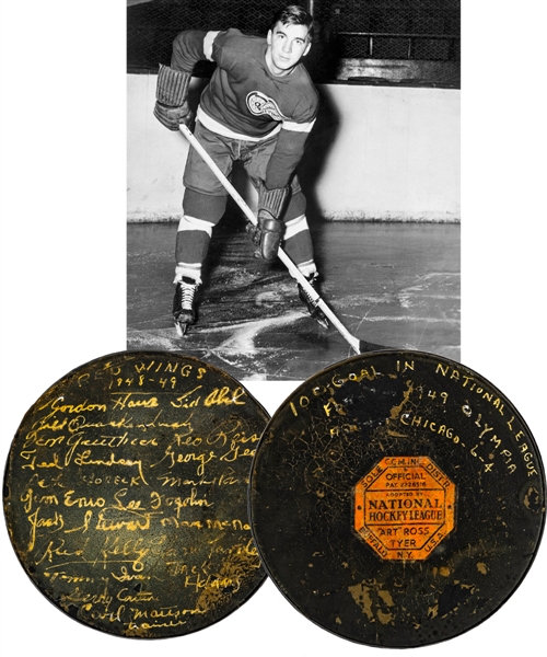 Ted Lindsays February 2nd 1949 "100th NHL Goal" Detroit Red Wings Team-Signed Milestone Art Ross Puck with Family LOA - Includes Signatures of 9 Deceased HOFers