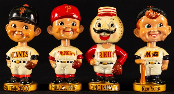 Late-1960s Philadelphia Phillies, New York Mets, Cincinnati Reds (Mascot) and San Francisco Giants Gold Base Nodders (4)