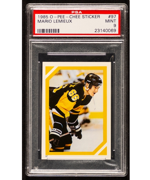 1985-86 O-Pee-Chee Hockey Sticker #97 HOFer Mario Lemieux - Rookie Season - Graded PSA 9