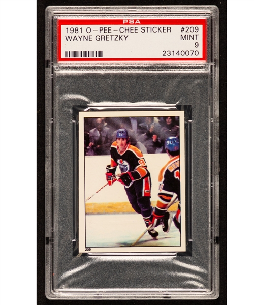 1981-82 O-Pee-Chee Hockey Sticker #209 HOFer Wayne Gretzky - First Gretzky OPC Sticker Issued - Graded PSA 9