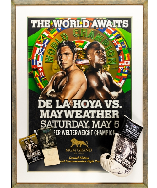 Floyd Mayweather & Oscar De La Hoya Dual-Signed 2007 WBC Super Welterweight Championship Glove (PSA/DNA) Plus 2007 "The World Awaits" Limited-Edition VIP Framed Poster (28 ½” x 39 ½”) and VIP Ticket 