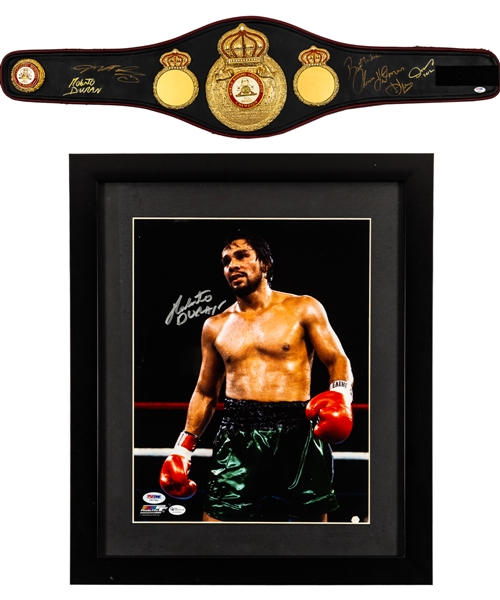 Sugar Ray Leonard, Roberto Duran, Thomas "Hitman" Hearns and Oscar De La Hoya Multi-Signed Full-Size WBA World Champion Belt Plus Roberto Duran Signed Framed Photo - Both PSA/DNA Authenticated