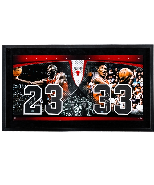 Michael Jordan and Scottie Pippen Chicago Bulls Signed Jersey Number Framed Display with UDA COAs (23 ½” x 41 ½”)