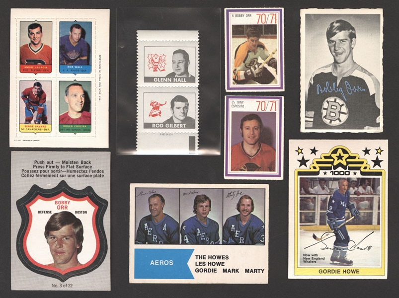 Late-1960s to Mid-1970s Hockey Cards Including 1969-70 O-Pee-Chee Stamps & Intact "4-in-1" Mini Cards, 1972-73 OPC Player Crests Set, 1974-75 and 1977-78 OPC WHA Sets/Near Sets & Assorted Cards