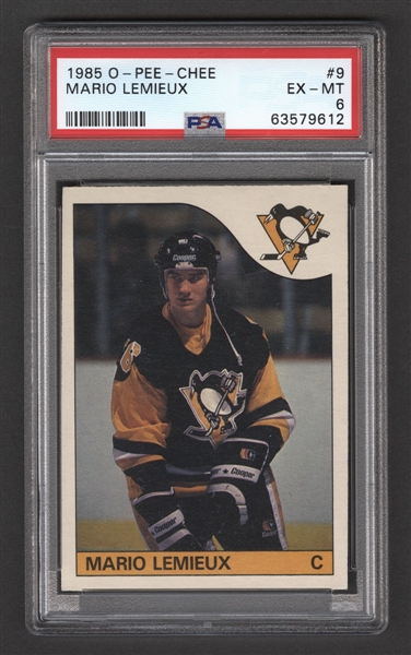 1985-86 O-Pee-Chee Hockey Card #9 HOFer Mario Lemieux Rookie - Graded PSA 6