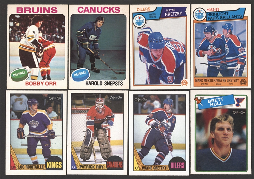1975-76, 1983-84 and 1987-88 O-Pee-Chee Hockey Sets/Near Sets (4), Patrick Roy Highland Mint Bronze Card (1822/2500) and 1988-89 O-Pee-Chee Brett Hull Rookie Card