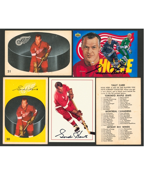 Gordie Howe Hockey Card Collection Including 1962-63 Parkhurst (2), 1962-63 Parkhurst Tally Card, 1992-93 UD Hockey Heroes Signed Card and 1994-95 Parkhurst Signed Card
