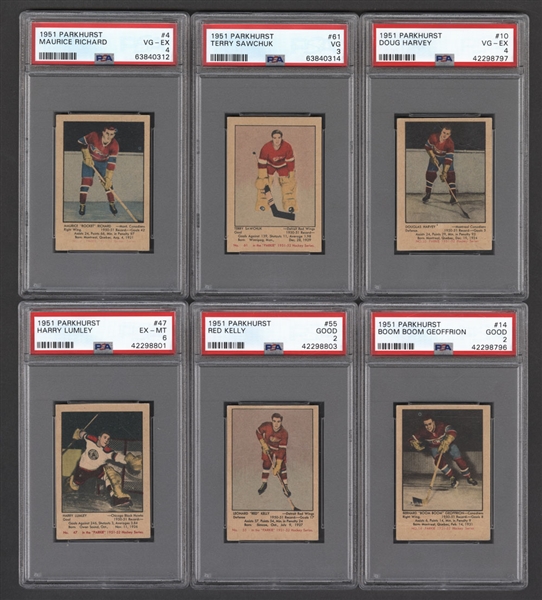 1951-52 Parkhurst Hockey Near Complete Set (104/105) with #66 HOFer Gordie Howe RC and 28 PSA-Graded Cards Including #4 HOFer Maurice Richard RC (PSA 4) and #61 HOFer Terry Sawchuk RC (PSA 3)