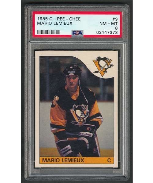 1985-86 O-Pee-Chee Hockey Card #9 HOFer Mario Lemieux Rookie - Graded PSA 8