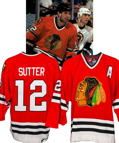 Brent Sutters 1996-97 Chicago Black Hawks Game-Worn Alternate Captains Playoffs Jersey with Team LOA