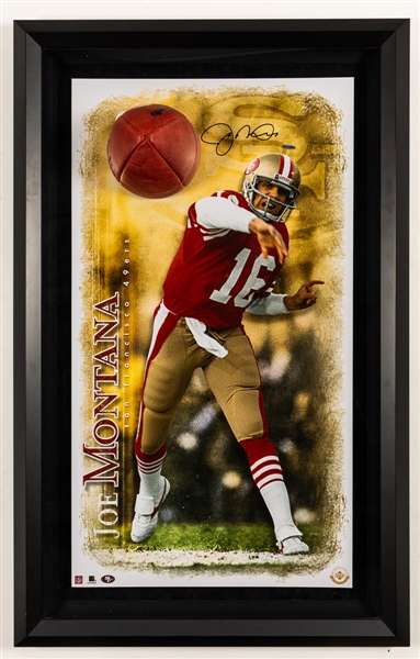 Joe Montana San Francisco 49ers Signed UDA Framed Print with Mounted Half Football – COA (27 ½” x 43 ½”) 