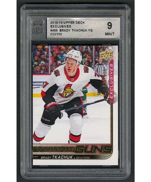 2018-19 Upper Deck Young Guns Exclusives Hockey Card #499 Brady Tkachuk Rookie (033/100) - Graded ACA 9