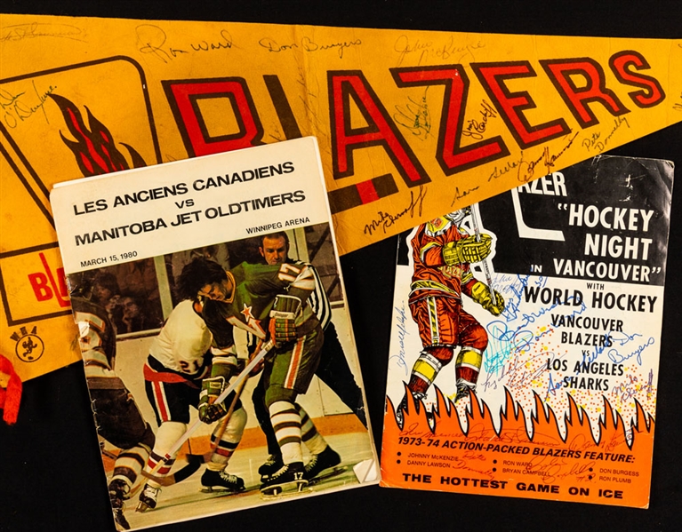 Vancouver Blazers WHA 1973-74 Team-Signed Program and Pennant Plus Maurice and Henri Richard Signed 1980 Manitoba Oldtimers Program 