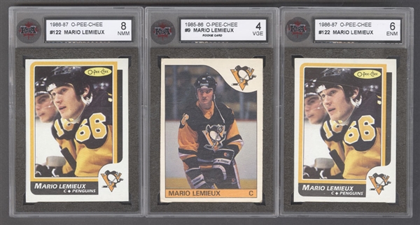 1985-86 O-Pee-Chee Hockey Card #9 HOFer Mario Lemieux Rookie (Graded KSA 4) Plus (2) 1986-87 OPC #122 (Graded KSA 8 and KSA 6)