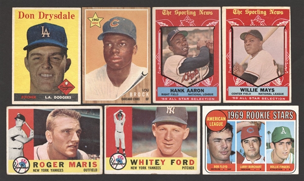 1950s to 1990s Baseball Card Collection (80) Including 1958 Topps Drysdale, 1962 Topps Lou Brock Rookie, 1969 Topps Tom Seaver Plus Vintage and Modern Stars Including Mays, Aaron, Maris, Ford and Gri
