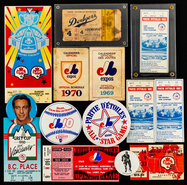 Baseball and Hockey 1970s-1990s Ticket Stub, Schedule and Button Collection of Approx 140 - Mostly Expos, Blue Jays, Canadiens and Maple Leafs - with Complete Expos 1969-2003 Schedule Run 