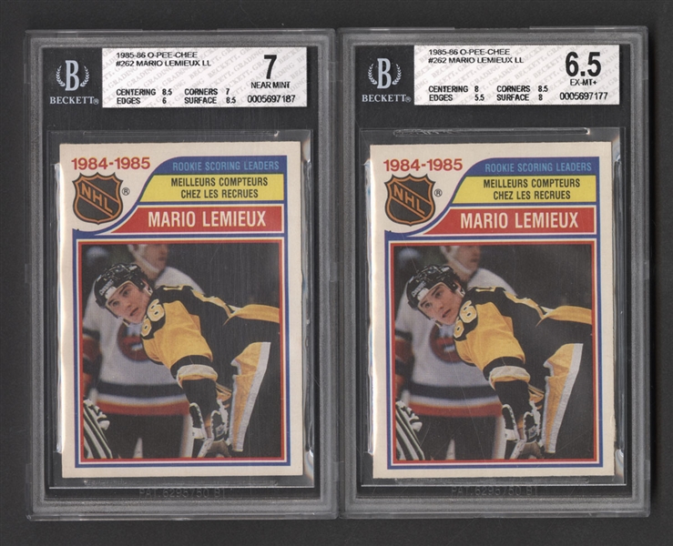1985-86 O-Pee-Chee Hockey Cards #262 Mario Lemieux (3 - All Beckett Graded), 1987-88 OPC #15 Mario Lemieux (Beckett Graded 6.5) and 2005-06 UD #20 Sidney Crosby Phenomenal Beginnings (Graded BCCG 10)