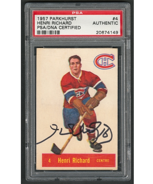 1957-58 Parkhurst Hockey #4 HOFer Henri Richard Signed Rookie Card - PSA/DNA Certified