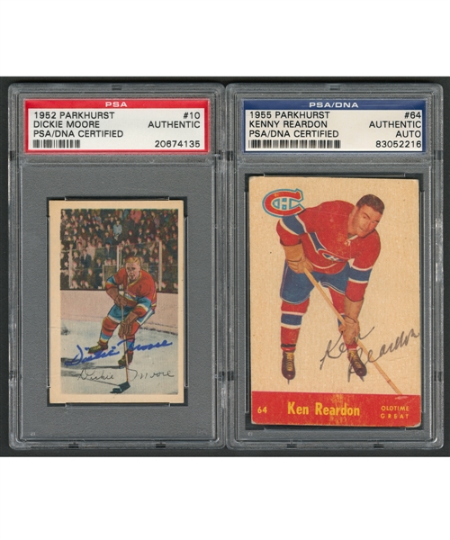 1952-53 Parkhurst Hockey #10 HOFer Dickie Moore Signed Rookie Card and 1955-56 Parkhurst #64 HOFer Kenny Reardon Signed Card - Both PSA/DNA Certified