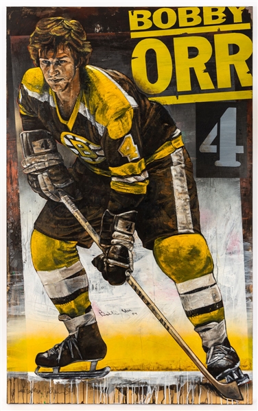 Massive Bobby Orr Signed Boston Bruins Original Painting by Stephen Holland (44 ½” x 72”)