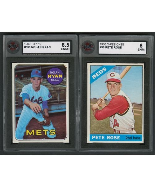 1969 Topps Baseball Card #533 HOFer Nolan Ryan (Graded KSA 6.5) and 1966 O-Pee-Chee Baseball Card #30 Pete Rose (Graded KSA 6)
