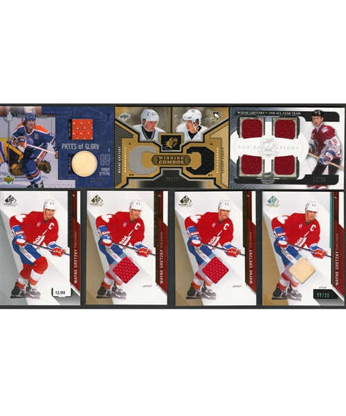 Wayne Gretzky Game-Used Jersey/Patch/Stick/Puck Hockey Card Collection of 22 Including SPx Winning Combos Gold #WC-GC, Pieces of Glory Jersey/Stick #G-WG and The Cup Foundations Quad Jersey #CF-WG