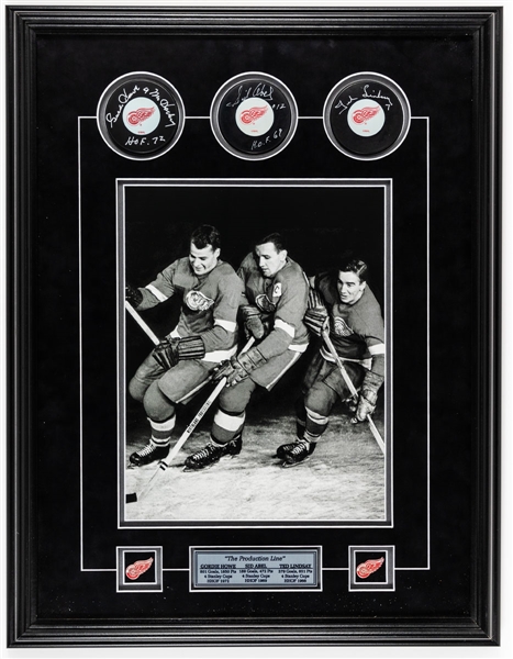 Gordie Howe, Sid Abel and Ted Lindsay "Production Line" Signed Puck Framed Display with COA (20 ½” x 26 ½”) Plus Gordie Howe Signed Limited-Edition Framed Print by James Lumbers (28” x 32”) 