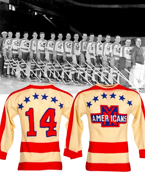 Superb New York Americans Late-1930s Game-Worn Wool Jersey Attributed to Joe Lamb with LOA - Team Repairs!