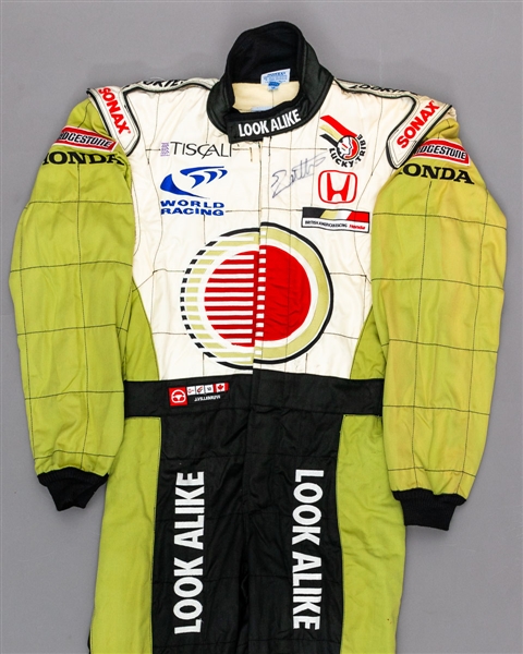 Jacques Villeneuves 2001 Lucky Strike BAR Honda F1 Team Signed Race-Worn Suit (Look Alike Sponsorship) with His Signed LOA