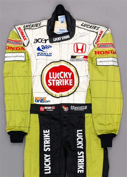 Jacques Villeneuves 2001 Lucky Strike BAR Honda F1 Team Signed Race-Worn Suit (Lucky Strike Sponsorship) with His Signed LOA