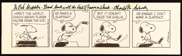 Charles Schultz Signed Peanuts Hockey Comic Strip Print Gifted to Pat Stapleton with Family LOA (7" x 24")