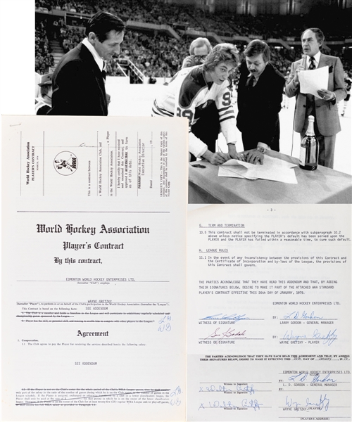 Wayne Gretzky Signed 1978-79 WHA Edmonton Oilers Rookie Season Contract with Signed Contract Addendum - 21-Year Contract Valid for His 1979-80 NHL Rookie Season!