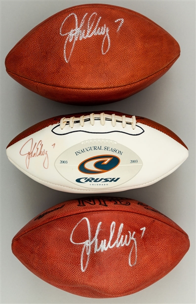 John Elway Signed Wilson NFL Official Footballs (2, Denver Broncos) and Signed 2003 Colorado Crush Inaugural Season Football - JSA Certified