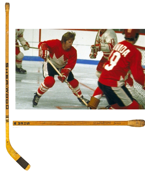 Pat Stapletons 1972 Canada-Russia Series Team-Signed Sher-Wood Game-Used Stick with Family LOA - 36 Signatures Including Dryden, Henderson, Stapleton and Esposito Brothers!