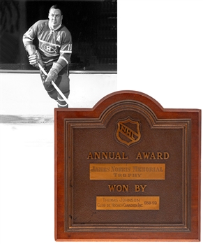 Tom Johnsons 1958-59 James Norris Memorial Trophy Plaque from His Personal Collection with LOA (11" x 12")