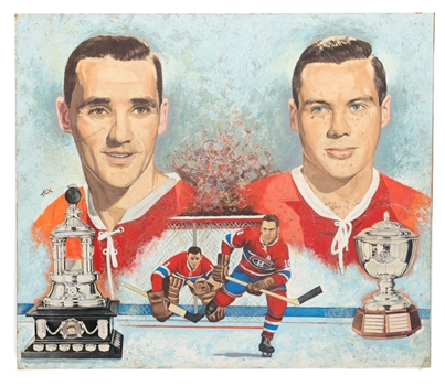 Tom Johnson and Jacques Plante 1958-59 Montreal Canadiens Original Tex Coulter Painting from Tom Johnsons Personal Collection with LOA - Vezina Trophy and James Norris Trophy Winners!