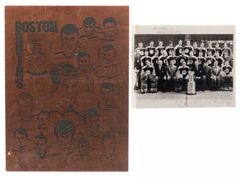 Tom Johnsons Boston Bruins/Bobby Orr Collection Inc. Vintage 1969-70 Multi-Signed Team Photo and 1970 Cup Champs Printing Plate from His Personal Collection with LOA