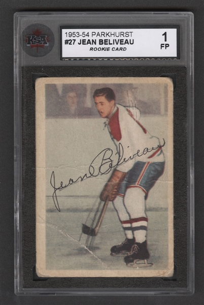 1953-54 Parkhurst Hockey Card #27 HOFer Jean Beliveau Rookie - Graded KSA 1