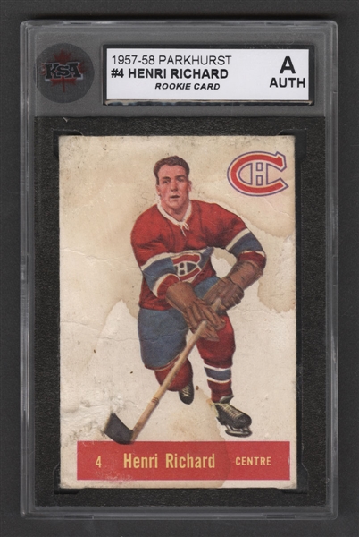 1957-58 Parkhurst Hockey Card #4 HOFer Henri Richard Rookie - Graded KSA Authentic