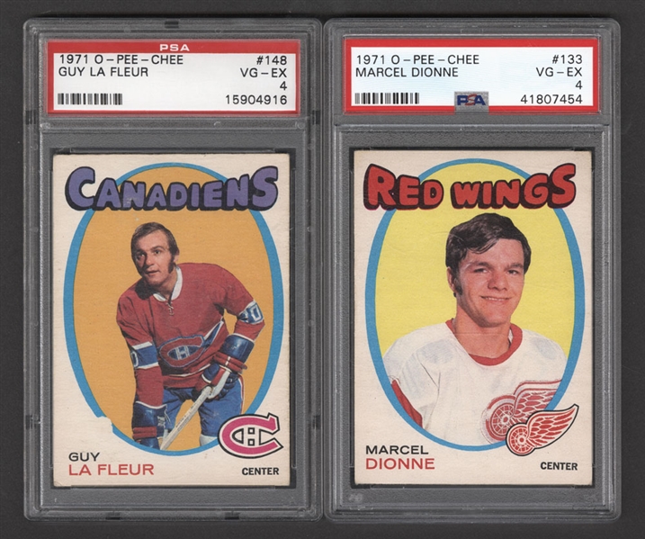 1971-72 O-Pee-Chee Hockey Card #148 HOFer Guy Lafleur Rookie (Graded PSA 4) and #133 HOFer Marcel Dionne Rookie (Graded PSA 4)