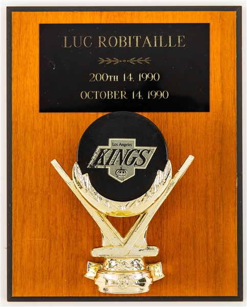 Luc Robitailles October 14th 1990 Los Angeles Kings Signed "200th NHL Goal" Milestone Puck on Display from His Personal Collection with His Signed LOA 